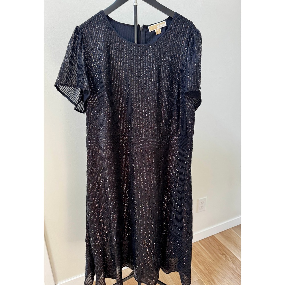 Michael Kors Sequin Long Dress Plus Size 16W Black Flutter Sleeve Formal